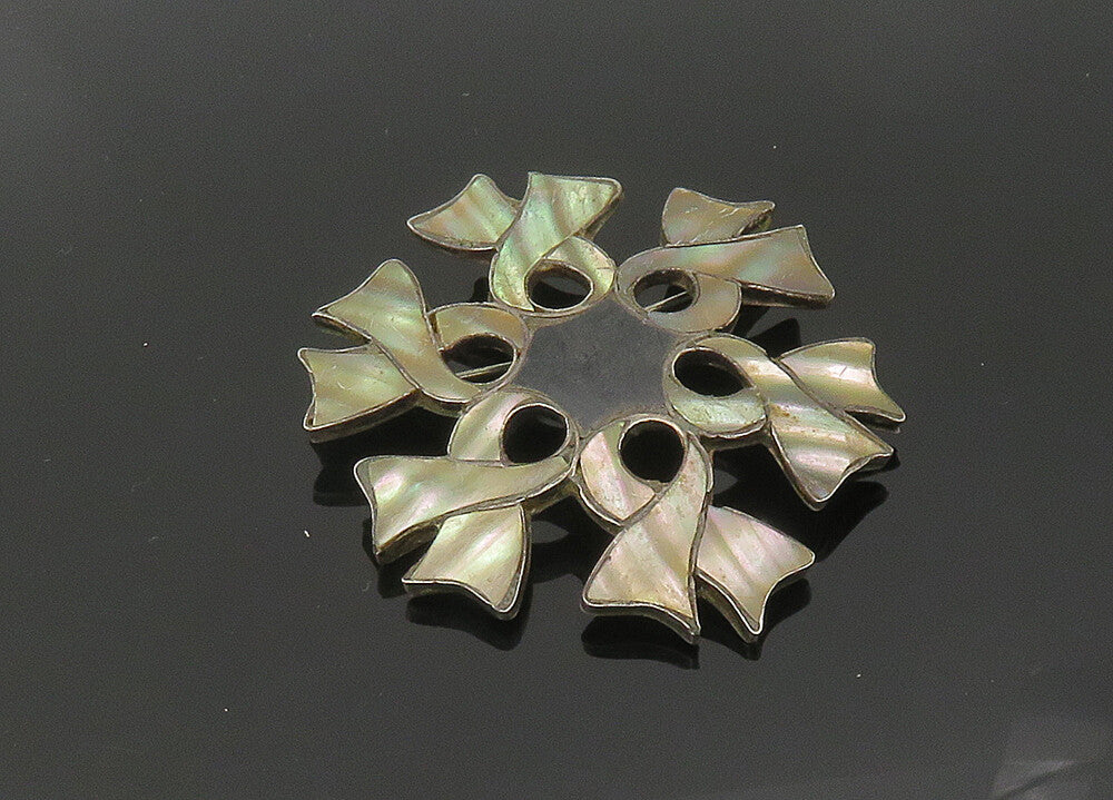 MEXICO 925 Silver  Vintage Black Onyx & Abalone Ribbons Brooch Pin  BP8366