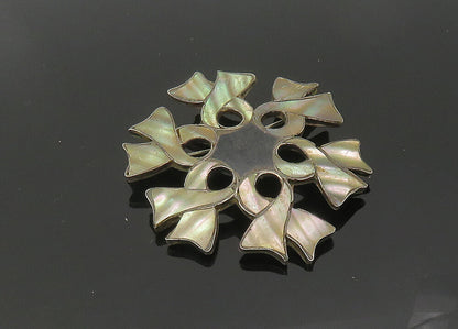 MEXICO 925 Silver  Vintage Black Onyx & Abalone Ribbons Brooch Pin  BP8366