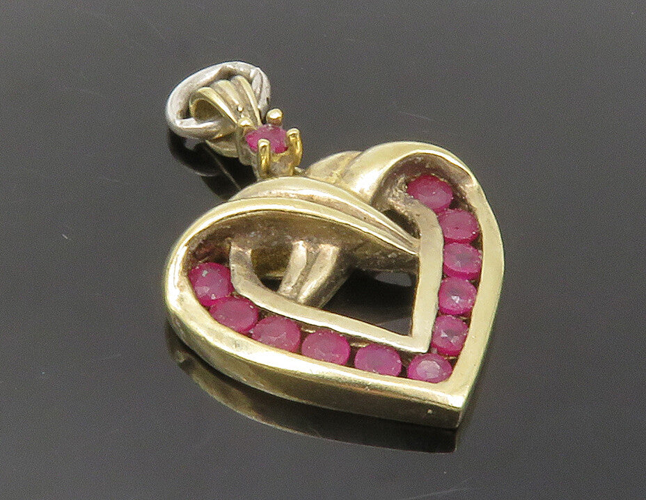925 Sterling Silver Vintage Ruby Gold Plated Love Heart Drop Pendant PT9892