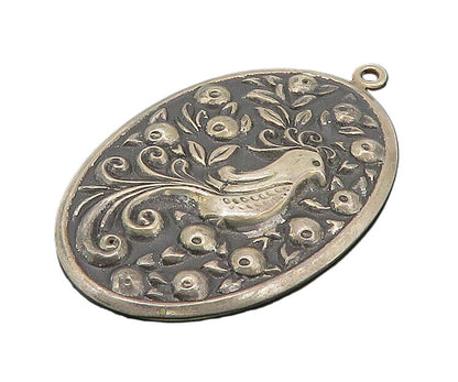 INTERNATIONAL 925 Silver Vintage Oxidized Floral Bird Scene Pendant PT17185