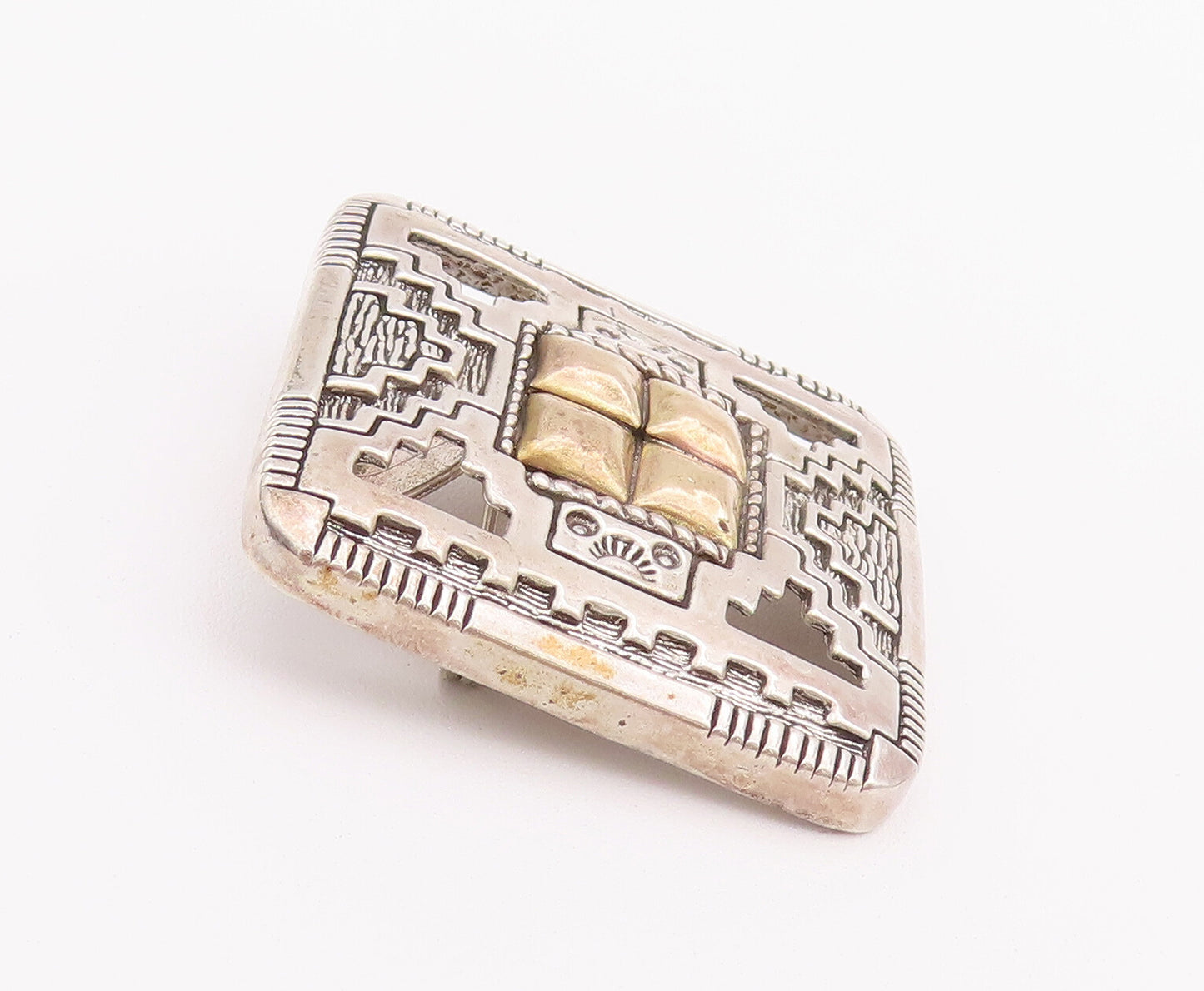 12k Gold 925 Sterling Silver Vintage Brooch Pin NAVAJO Aztec Carved  BP10750