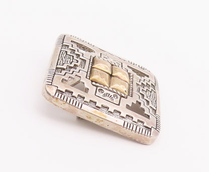 12k Gold 925 Sterling Silver Vintage Brooch Pin NAVAJO Aztec Carved  BP10750