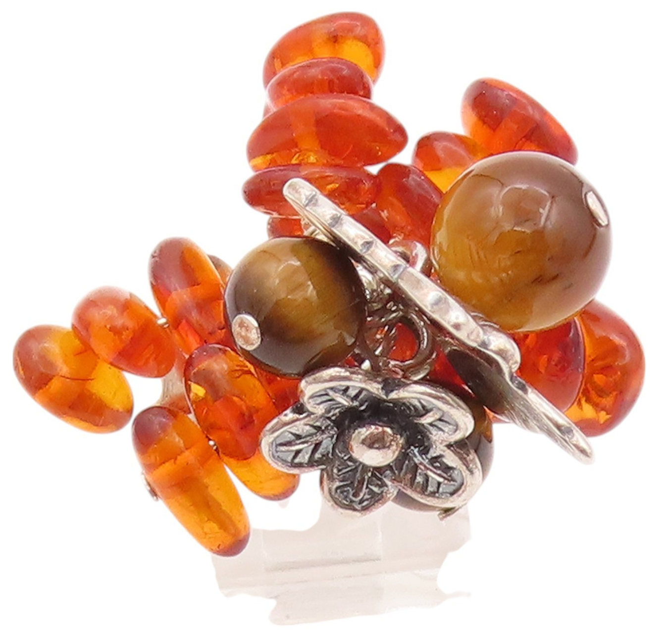 925 Sterling Silver Vintage Ring Amber & Gemstone Floral Design  Sz 5  RG32347
