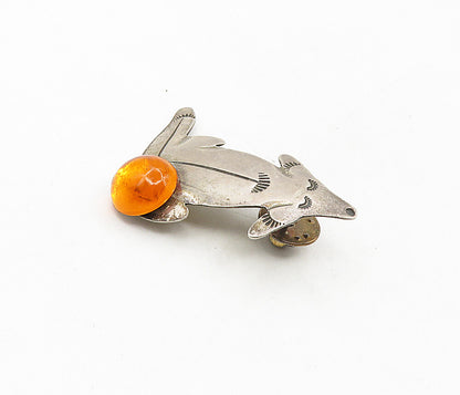 LOU 925 Sterling Silver  Vintage Cabochon Cut Citrine Wolf Lapel Pin  TR1588