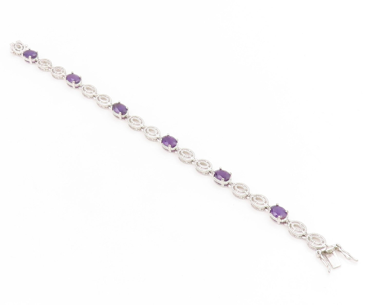 925 Sterling Silver Vintage Bracelet Oval Cut Amethyst Elegant Chain  BT11932