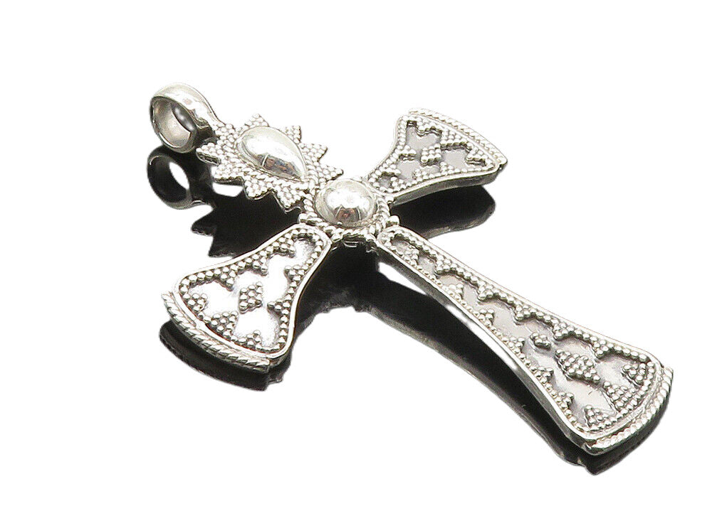 925 Sterling Silver  Vintage Shiny Patterned Religious Cross Pendant  PT7686