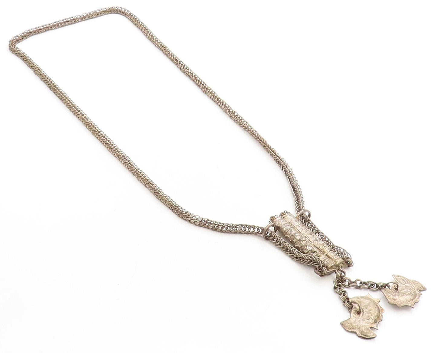 925 Sterling Silver  Vintage Antique Oxidized Fish Wheat Chain Necklace NE1761