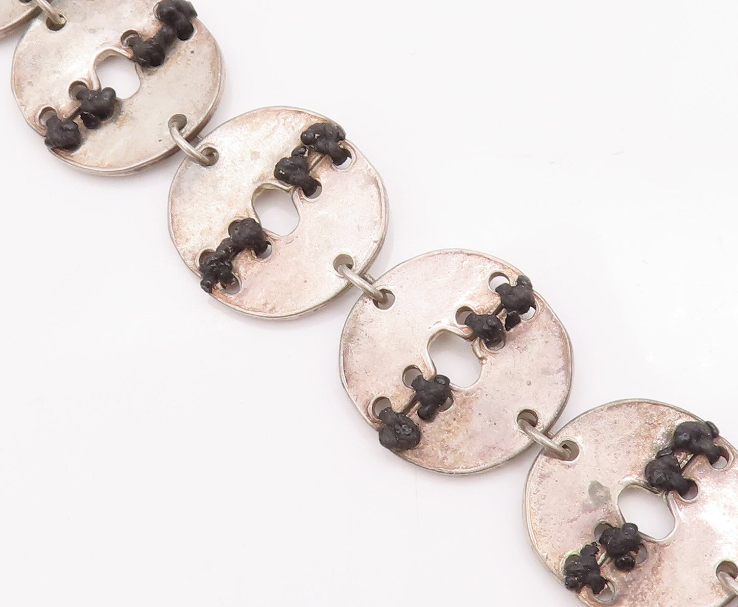 925 Sterling Silver Vintage Bracelet Designer Stitched Coin Ring Links  BT10463