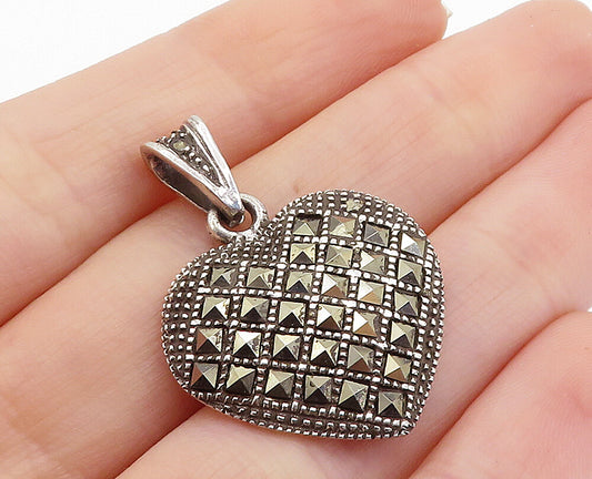 925 Sterling Silver  Vintage Marcasite Decorated Love Heart Pendant  PT5293