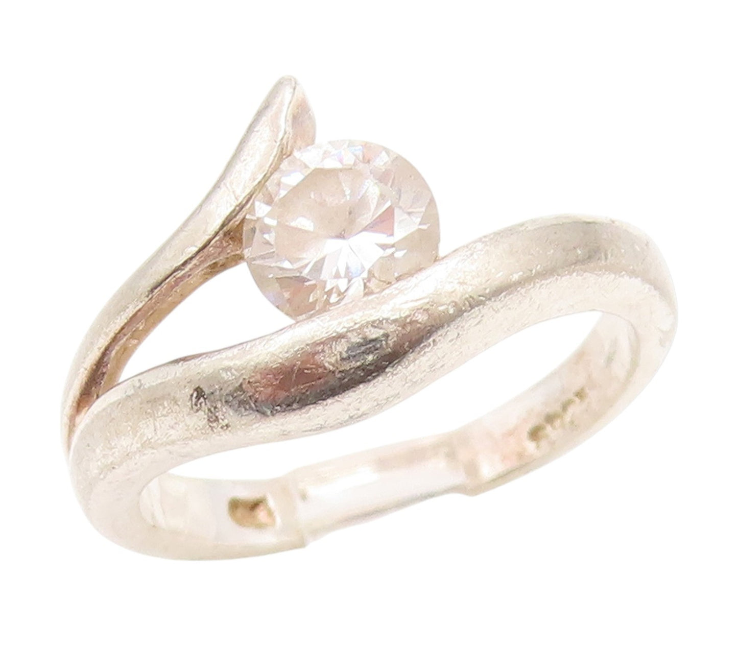 925 Sterling Silver Vintage Ring CZ Elegant Crossover Wave Band  Sz 7.5  RG35028
