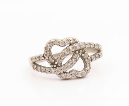 925 Sterling Silver Vintage Ring CZ Interlocking Love Heart Band  Sz 8  RG35563
