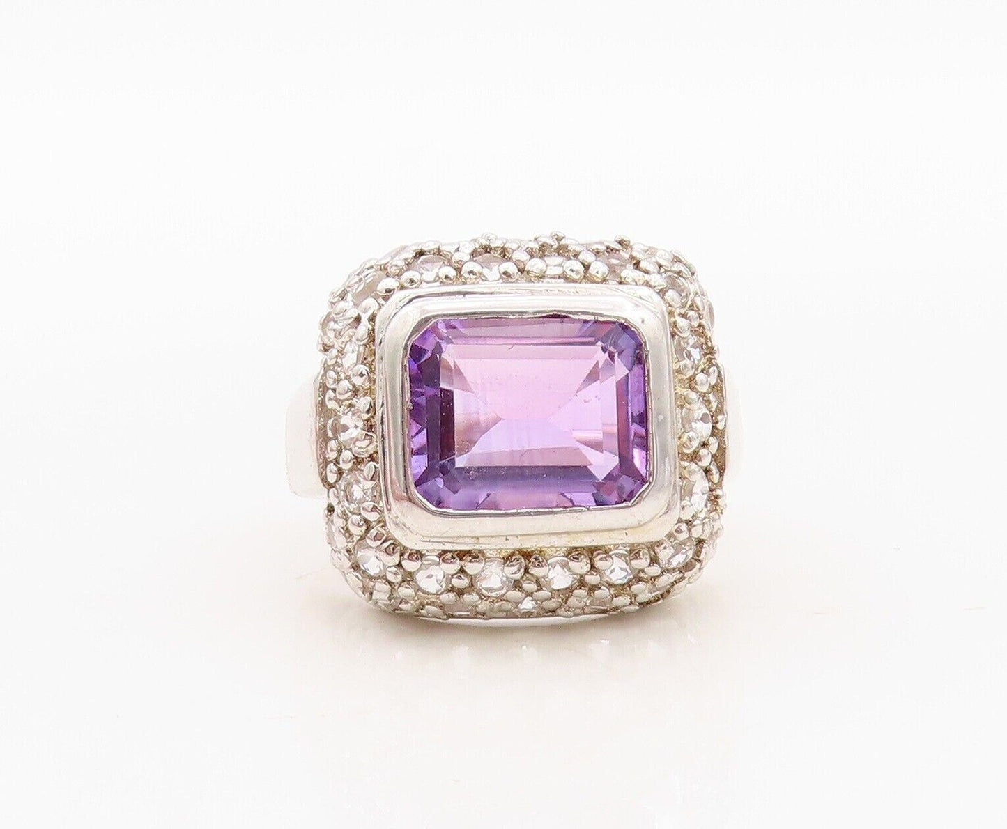 925 Sterling Silver Vintage Ring Square Cut Amethyst & Topaz Inlay Sz 7  RG30032