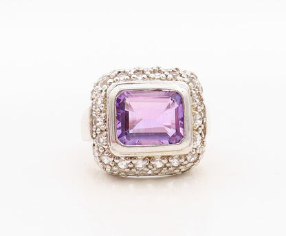 925 Sterling Silver Vintage Ring Square Cut Amethyst & Topaz Inlay Sz 7  RG30032