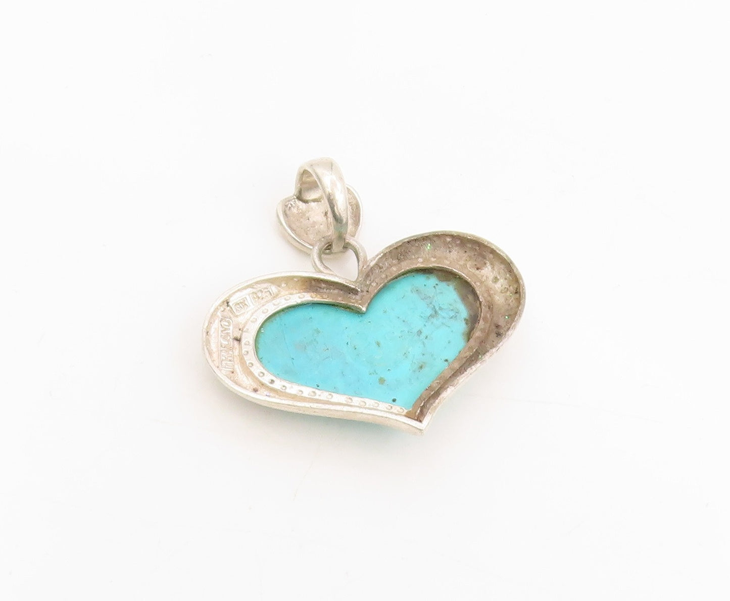 925 Sterling Silver Vintage Pendant Cabochon Turquoise Solid Love Heart  PT25316