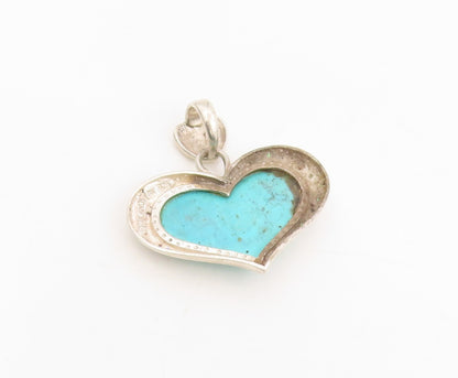 925 Sterling Silver Vintage Pendant Cabochon Turquoise Solid Love Heart  PT25316