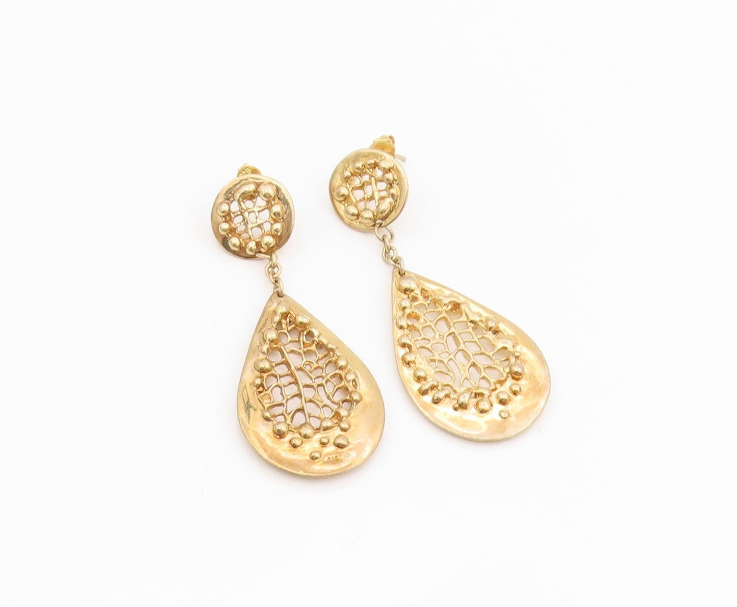 925 Sterling Silver Vintage Earrings Gold Plated Cutout Teardrop Dangle  EG13924