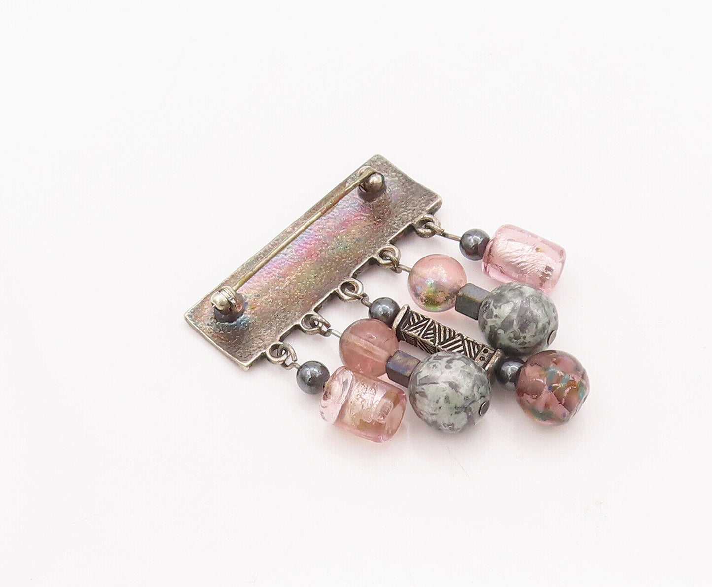 925 Sterling Silver Vintage Brooch Pin Carved Plate & Dangling Beads  BP10822