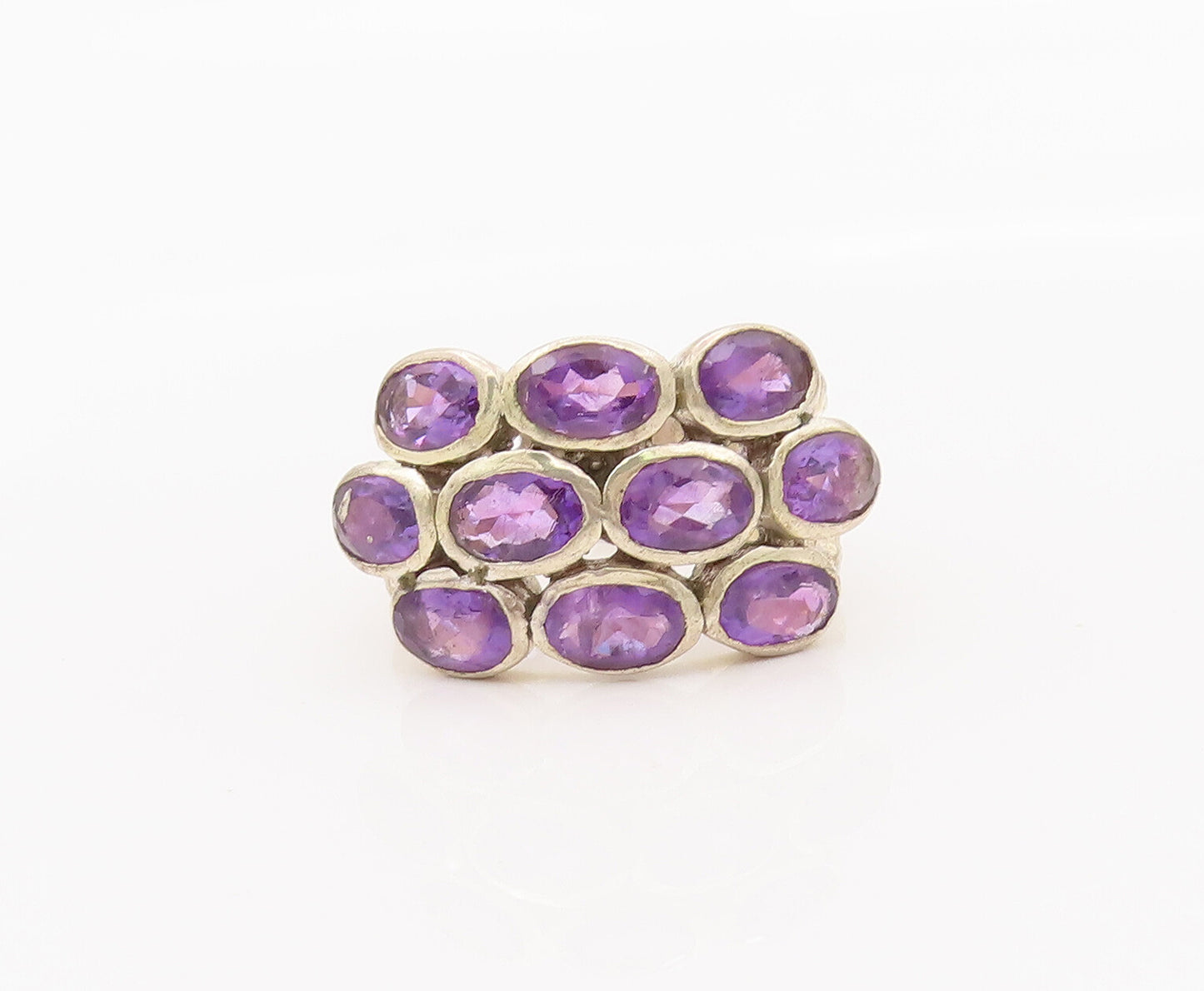 925 Sterling Silver Vintage Ring Hammered Rope Band Oval Amethysts Sz 9  RG27616