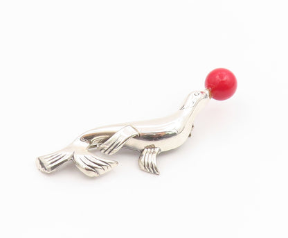 925 Sterling Silver Vintage Brooch Pin LANG Circus Seal With Red Ball  BP12442