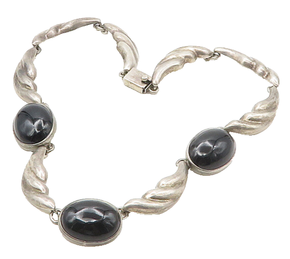 MEXICO 925 Sterling Silver Vintage Large Black Gemstone Chain Necklace  NE2992