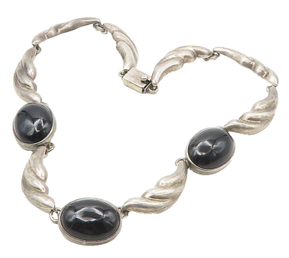 MEXICO 925 Sterling Silver Vintage Large Black Gemstone Chain Necklace  NE2992