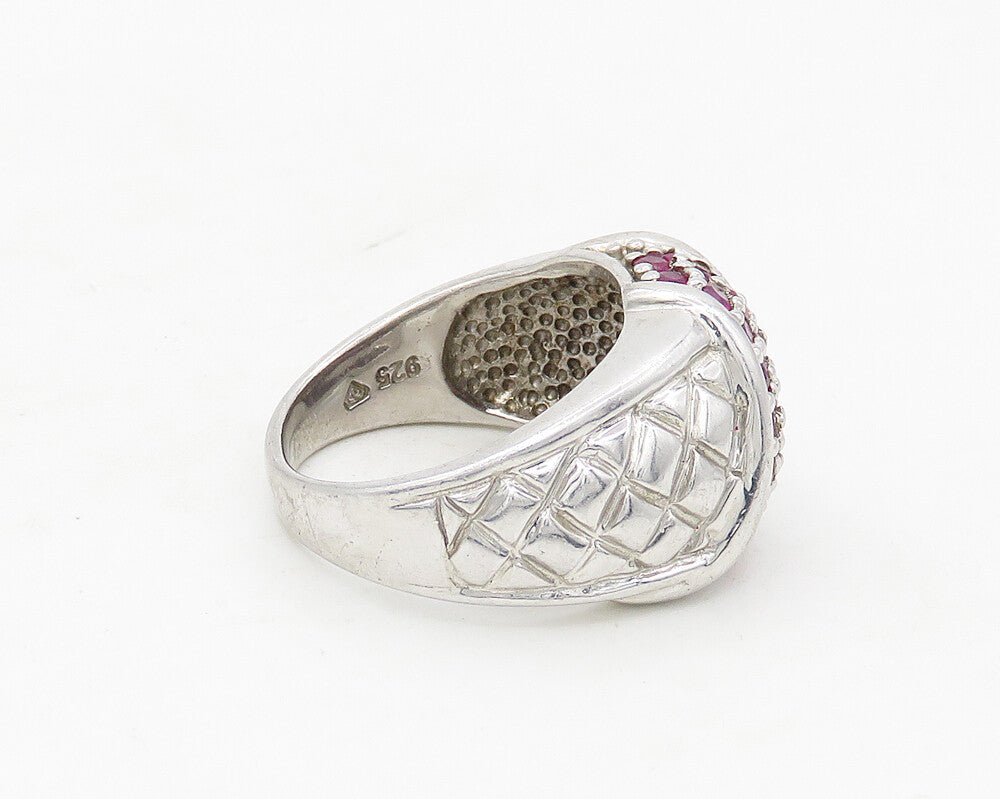 925 Sterling Silver  Ruby Cluster Shiny Quilted Detail Band Ring Sz 8  RG17468