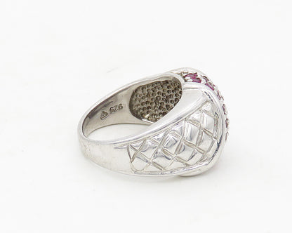 925 Sterling Silver  Ruby Cluster Shiny Quilted Detail Band Ring Sz 8  RG17468