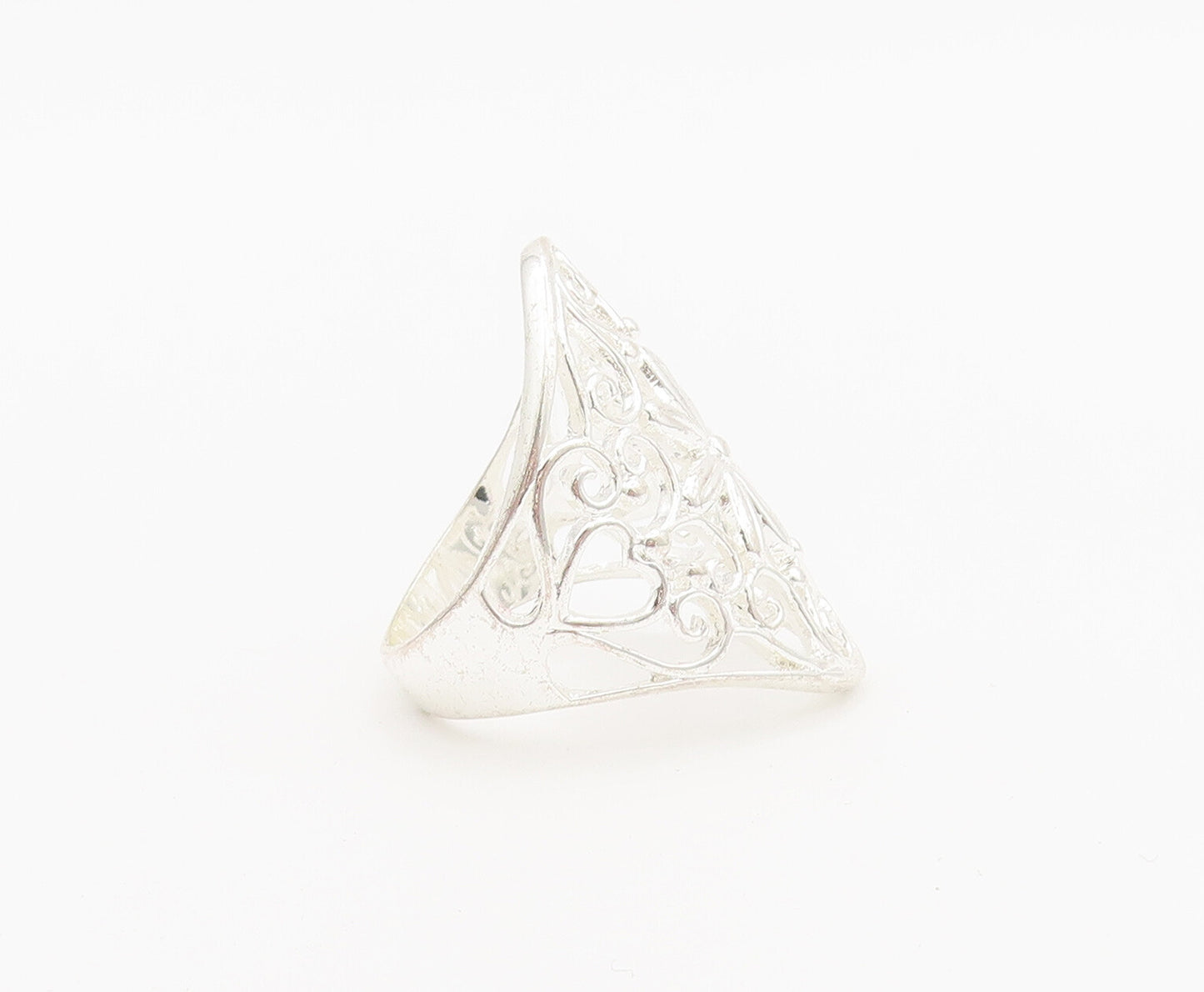 925 Sterling Silver Vintage Ring Swirly Floral Cutout Broad Sz 8.5  RG27948