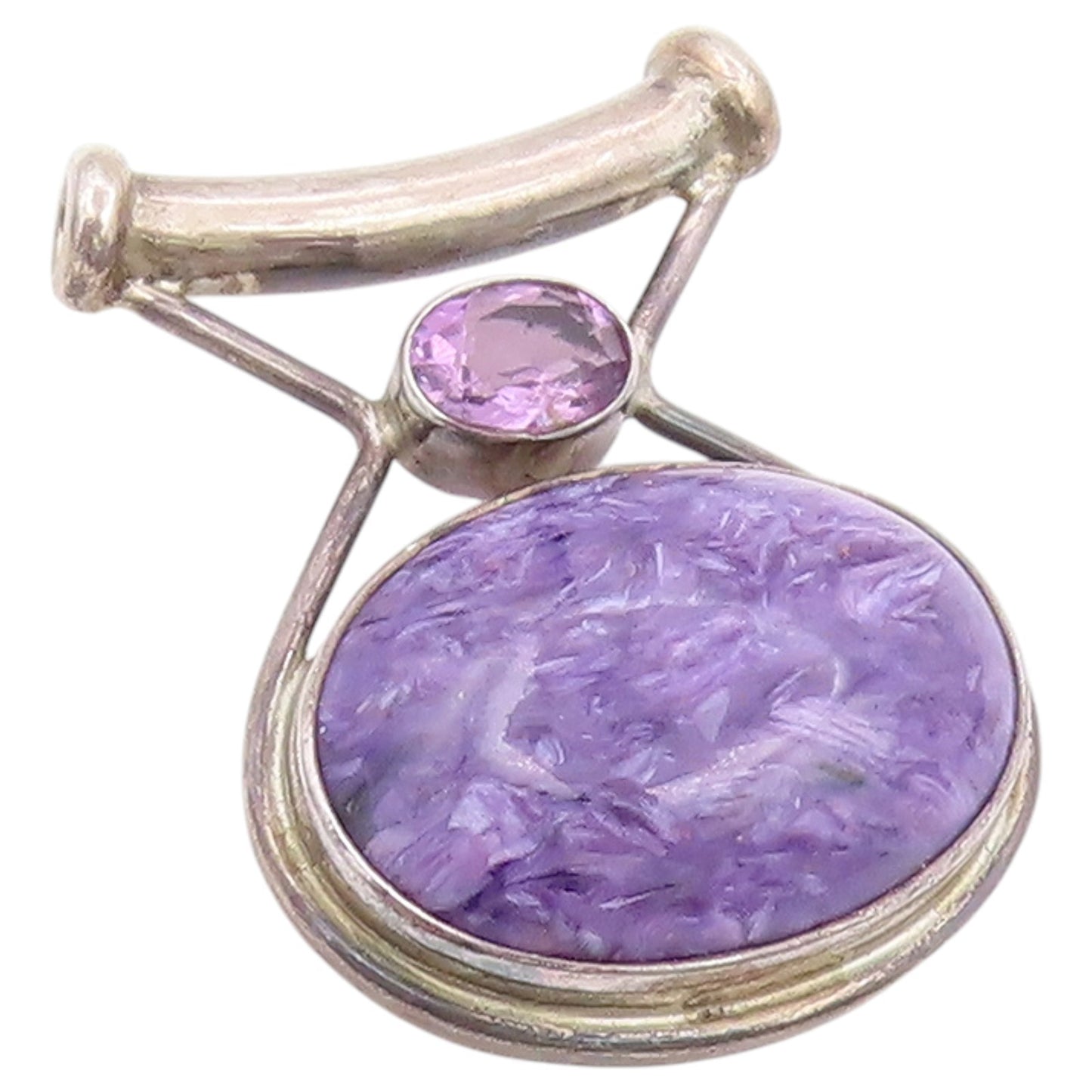 925 Sterling Silver Vintage Pendant SAJEN Oval Charoite & Amethyst Charm PT26426