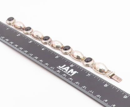 925 Sterling Silver Vintage Bracelet Black Onyx Hammered Puffy Dome Link BT12186