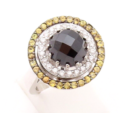 925 Sterling Silver Vintage Ring Round Onyx Halo Yellow & White CZ Sz 7  RG29948