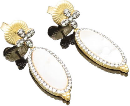 DESIGNER 925 Silver  Vintage Mother Of Pearl & Cubic Zirconia Earrings EG11755