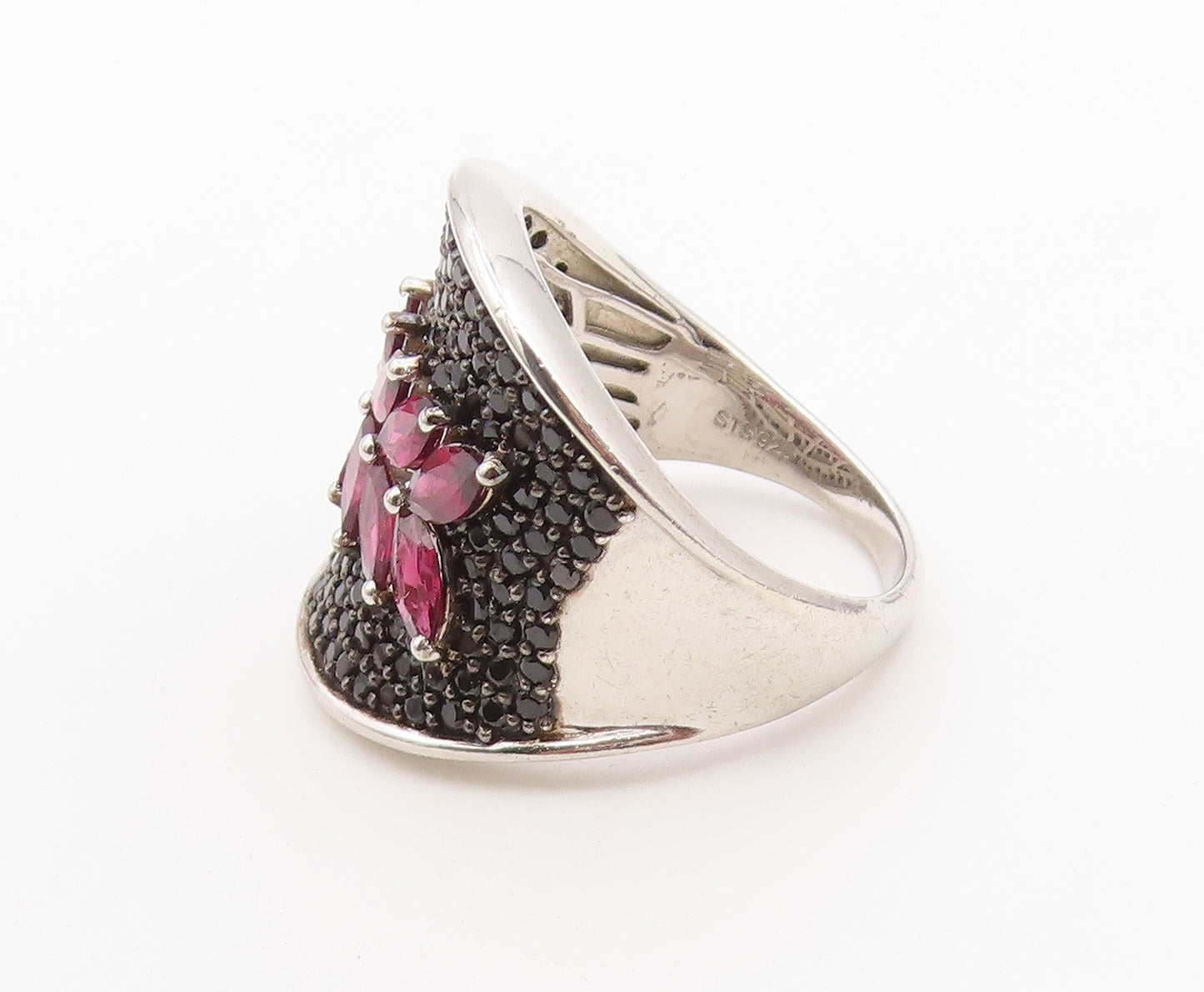 925 Sterling Silver Vintage Ring Garnet & Spinel Floral Band  Sz 11  RG36498