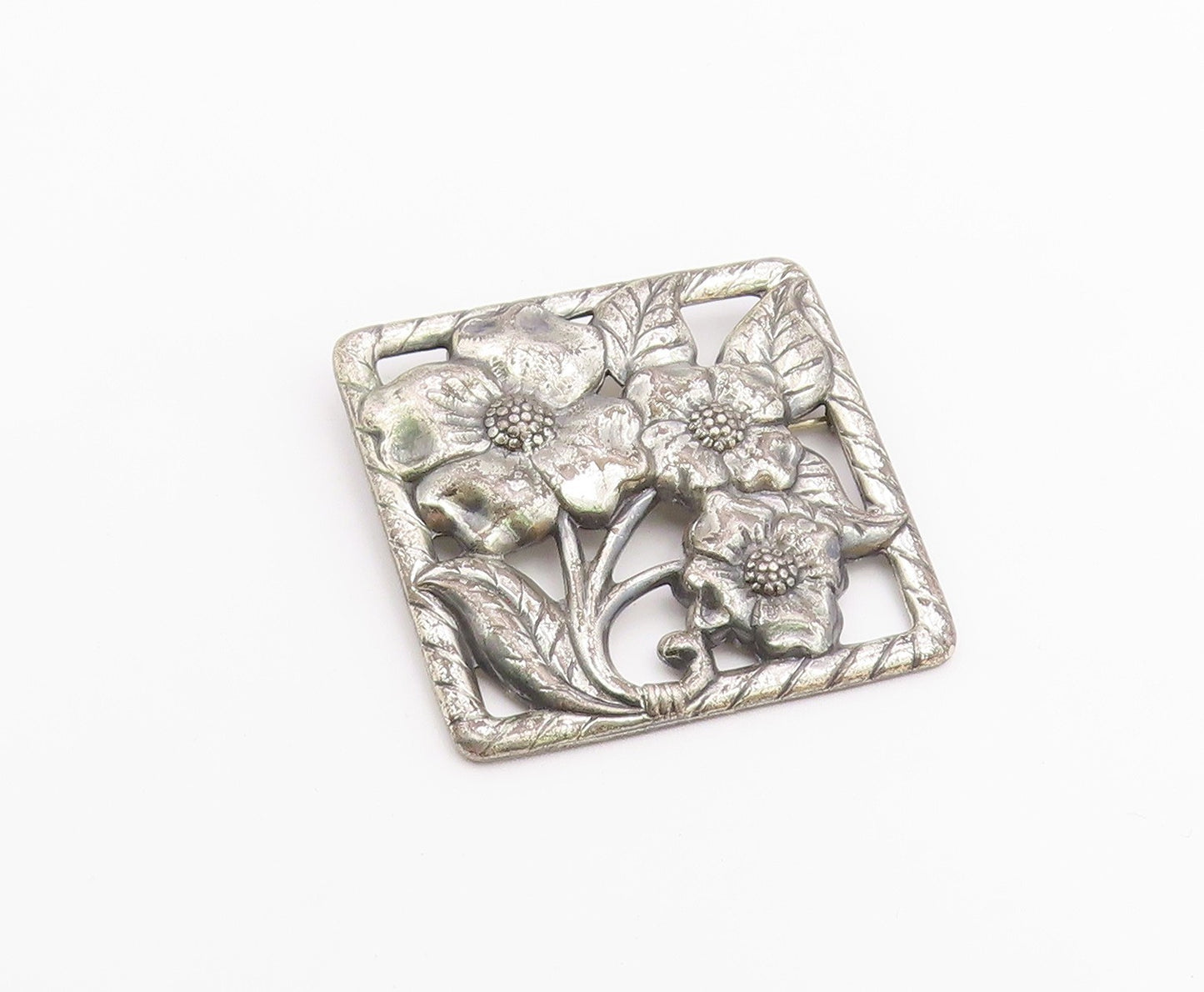 925 Sterling Silver  Vintage Dark Tone Flowers Etched Detail Brooch Pin BP5633