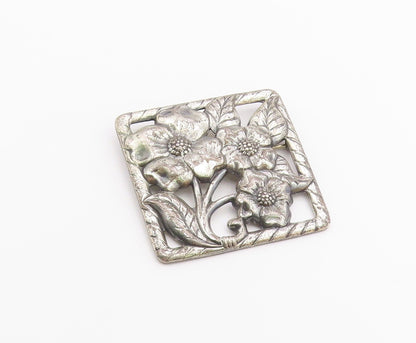 925 Sterling Silver  Vintage Dark Tone Flowers Etched Detail Brooch Pin BP5633