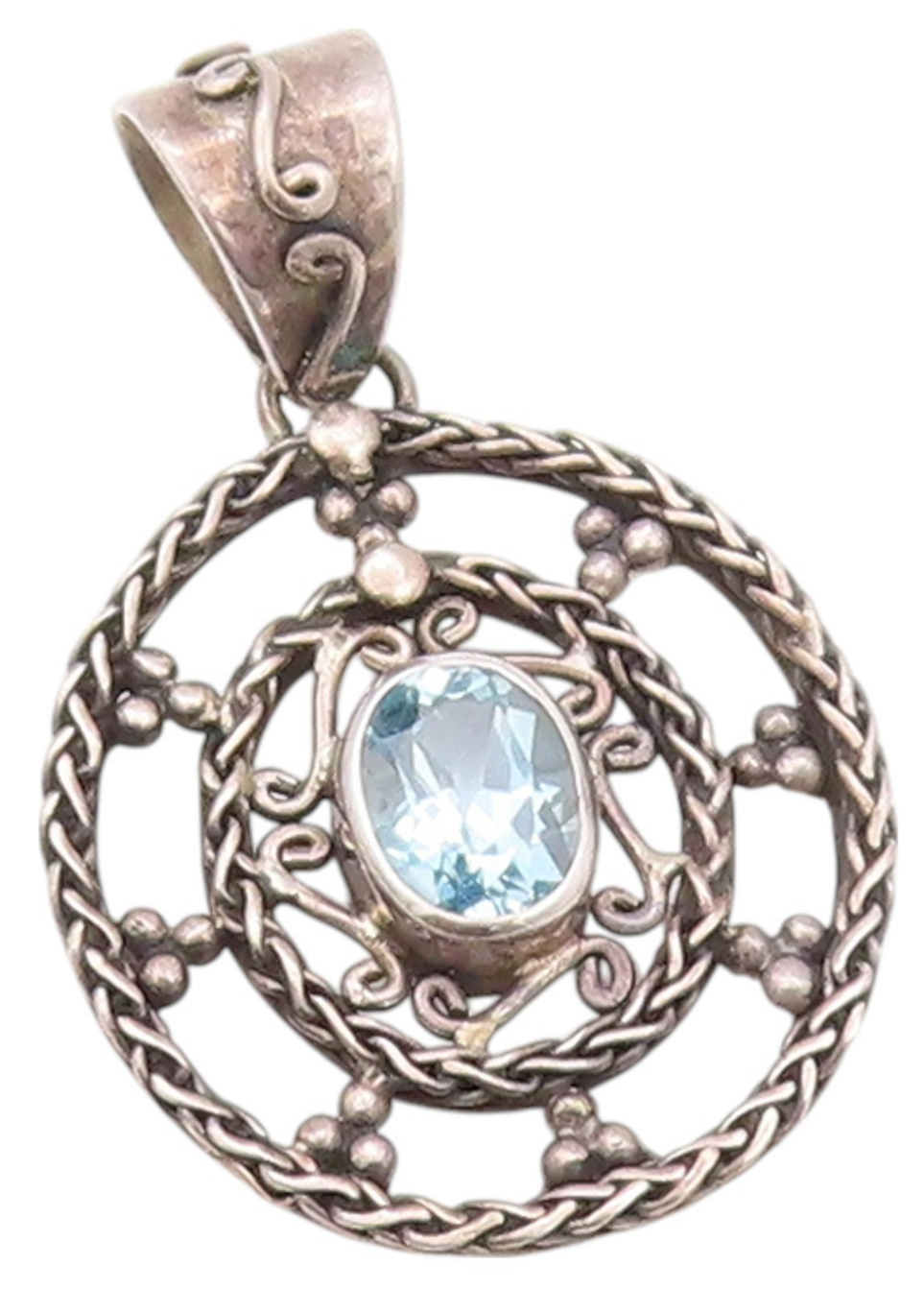 925 Sterling Silver Vintage Pendant Oval Cut Topaz Halo Cutout Design  PT24005