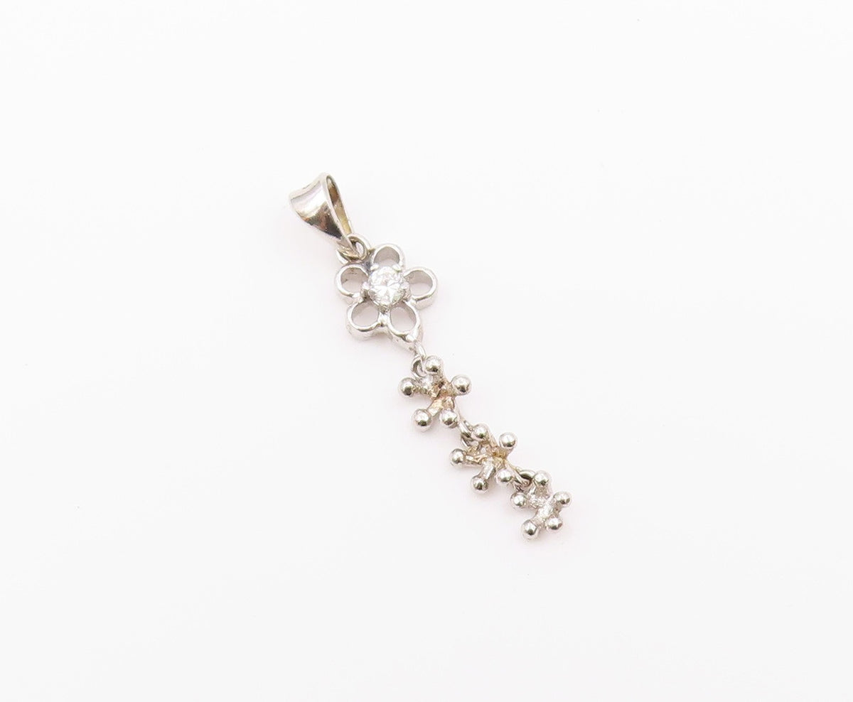 925 Sterling Silver  White Cubic Zirconia Floral Pebbled Drop Pendant  PT1517