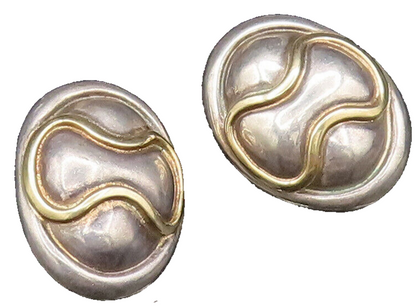 ROBERT WINC 18K GOLD & 925 Silver  Vintage 2 Tone Wave Oval Earrings  EG12020