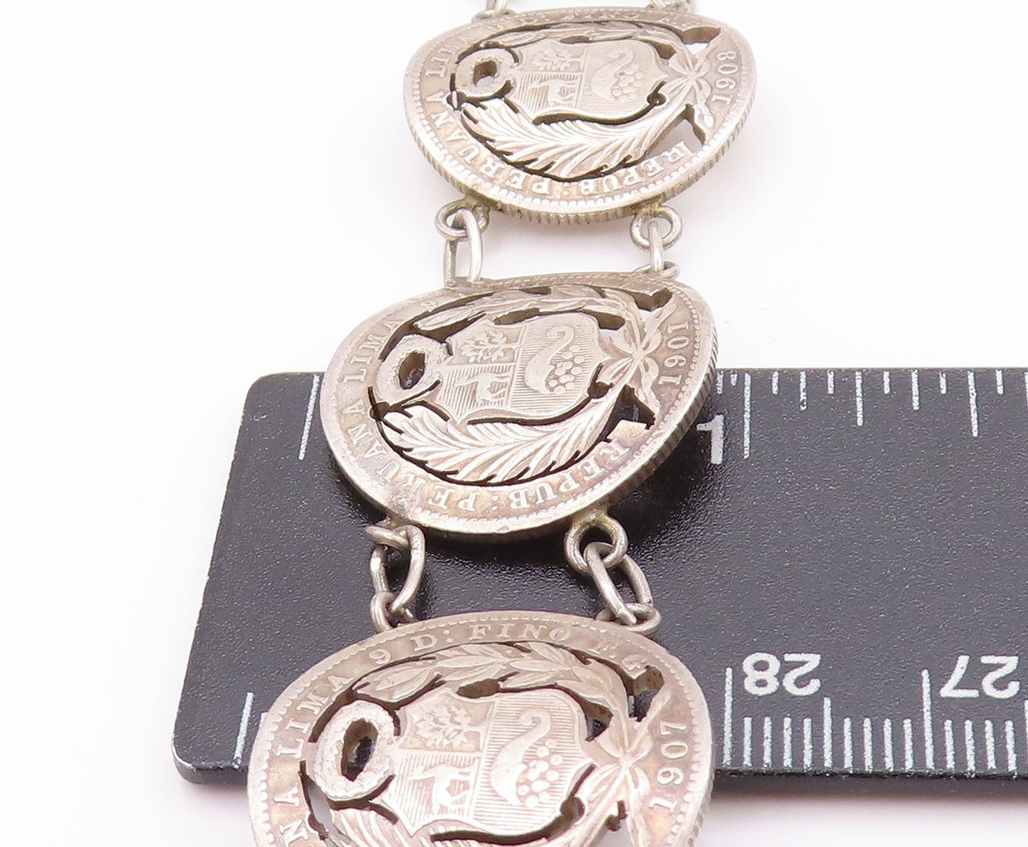 925 Sterling Silver Vintage Bracelet Antique Royal Peruana Coins   BT11264