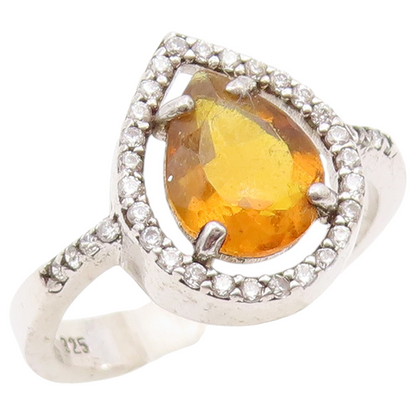 925 Sterling Silver Vintage Ring Pear Cut Citrine Halo CZ Band  Sz 7  RG36549