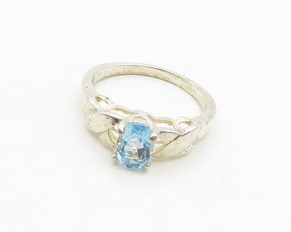 925 Sterling Silver  Vintage Prong Set Blue Topaz Shiny Band Ring Sz 8 RG19015