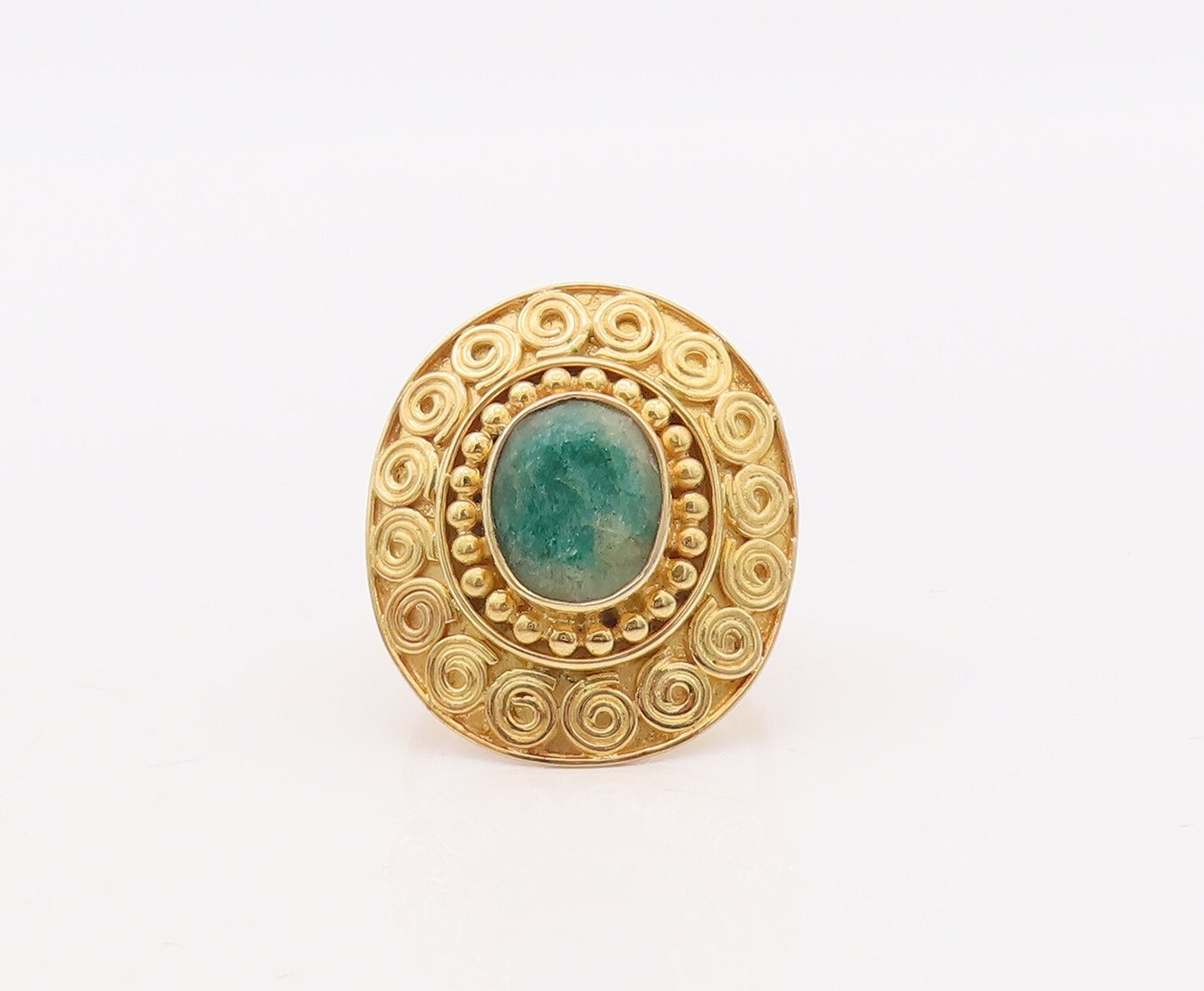 925 Sterling Silver Vintage Ring Gold Plated Swirly Carved Gemstone Sz 9 RG29922