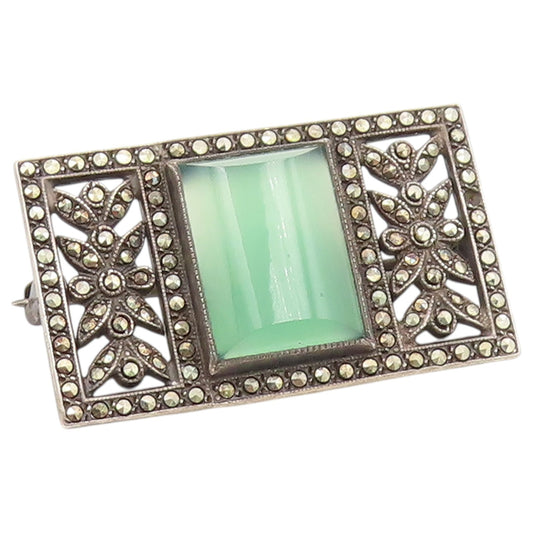 925 Sterling Silver Vintage Brooch Pin Jade & Marcasite Floral Frame  BP12634