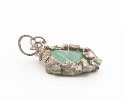925 Sterling Silver Vintage Pendant Green Aventurine Brutalist Charm  PT25691