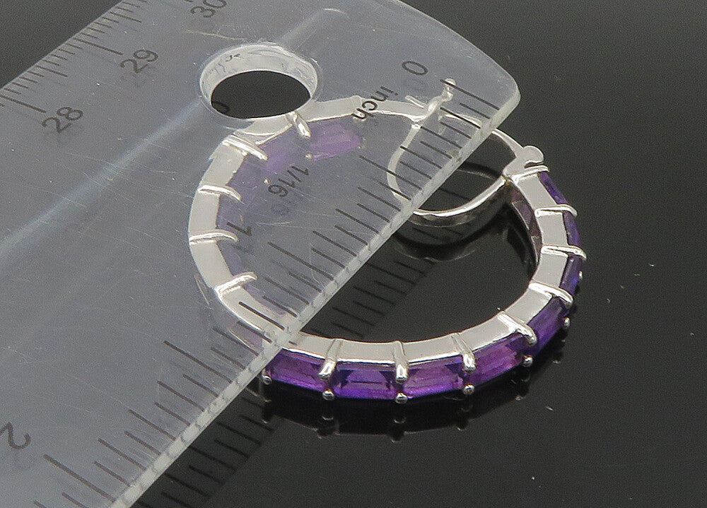 925 Sterling Silver  Vintage Prong Set Amethyst Shiny Hoop Earrings  EG10928