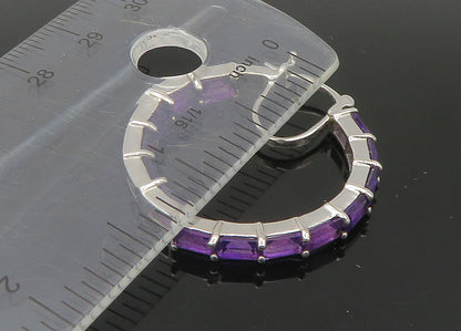 925 Sterling Silver  Vintage Prong Set Amethyst Shiny Hoop Earrings  EG10928