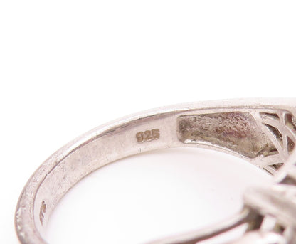 925 Sterling Silver Vintage Ring Rectangle Marble White & Pink CZ  Sz 8  RG31886
