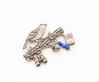 925 Sterling Silver Vintage Brooch Pin Bird On Branch Dangling Charms  BP11267
