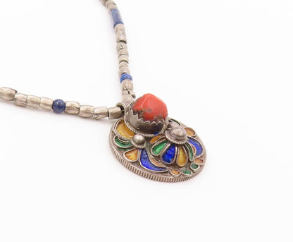 925 Sterling Silver Vintage Necklace French Coin Carnelian Enameled  NE4563