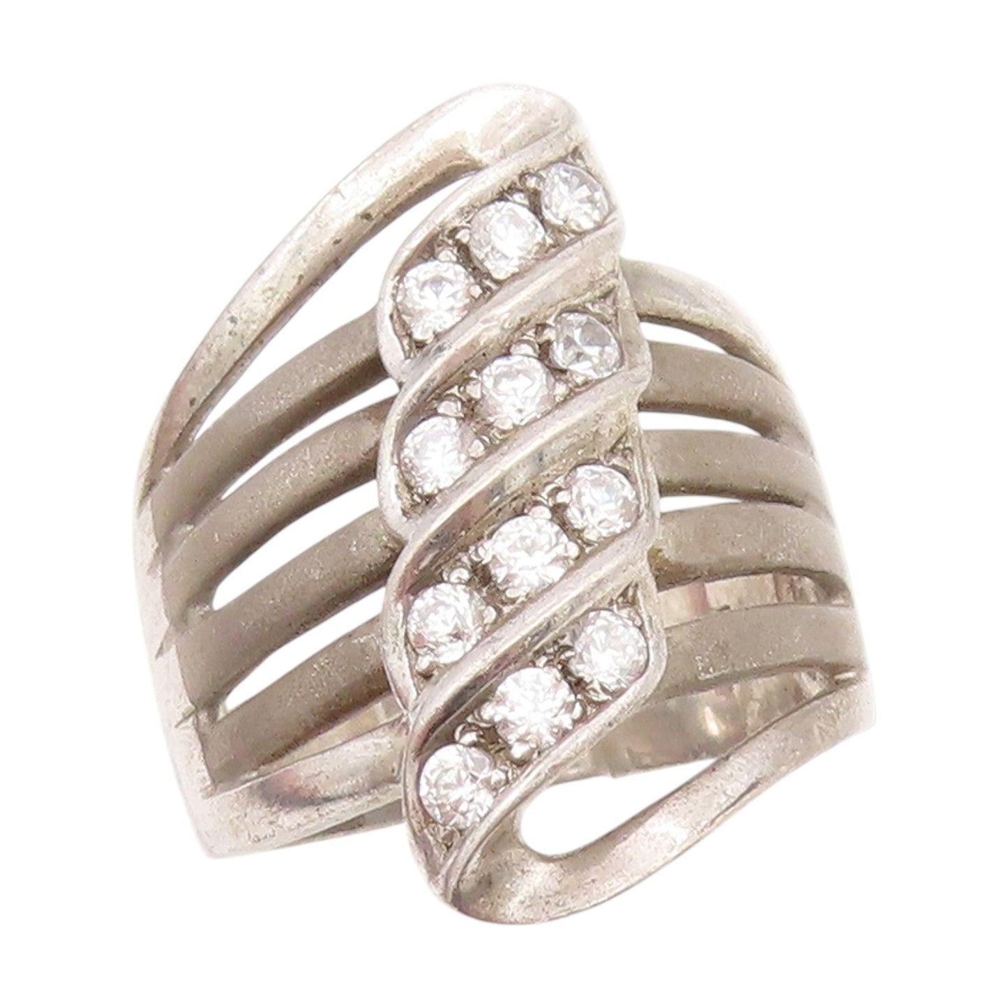 925 Sterling Silver Vintage Ring Multi Row CZ Wave Design Band  Sz 8  RG34934